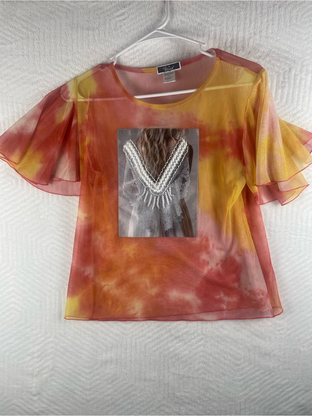 Sheer Tie-Dye Bell Sleeve Blouse in Red and Yellow